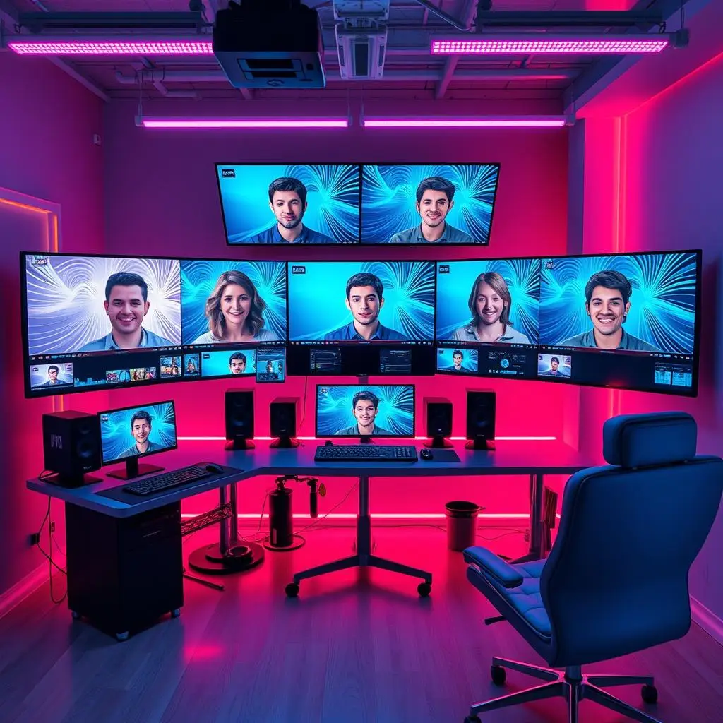 Seamless face-swapping application with multiple screens displaying different videos, with soft ambient light and neon, reflecting the freedom of unrestricted content.