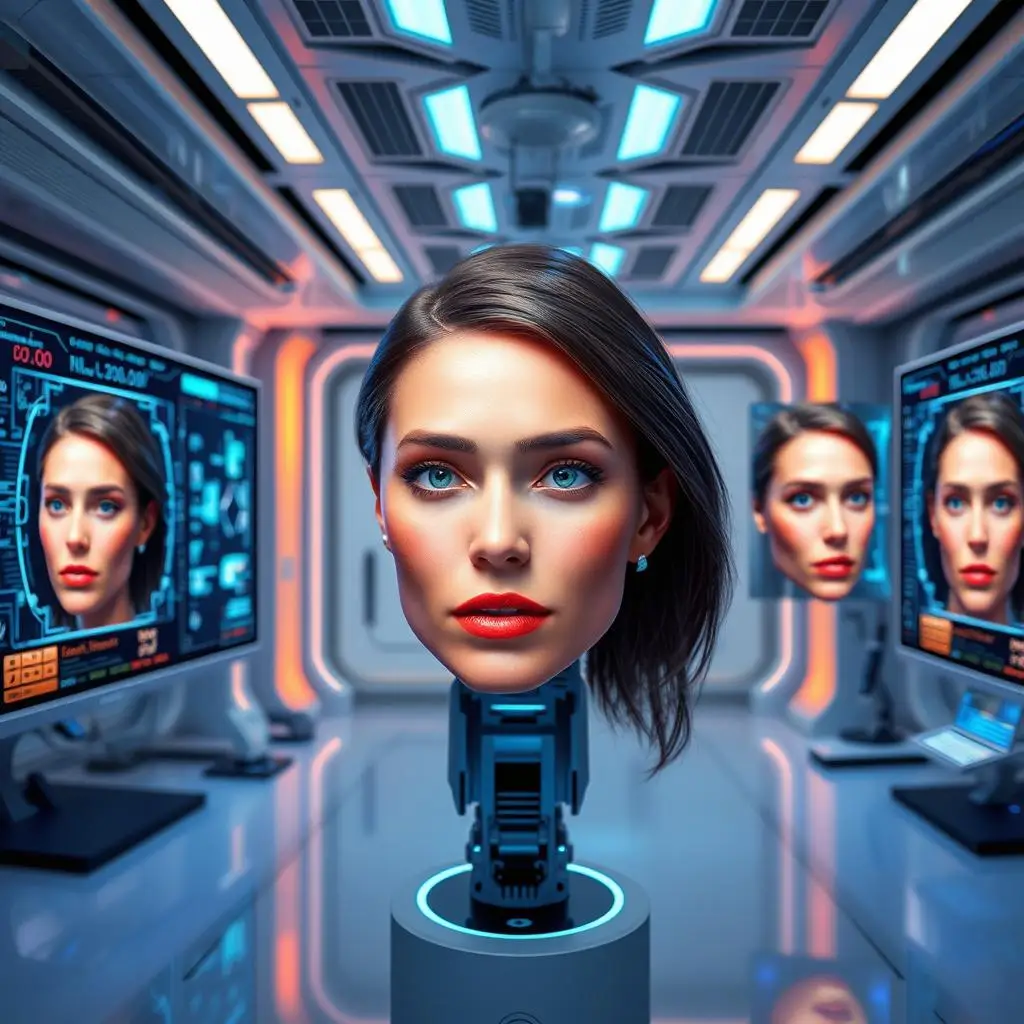 The high-tech lab has a face model in the center surrounded by face detection screens, reflecting  that Nude Video Face Swap utilizes a variety of advanced algorithms.