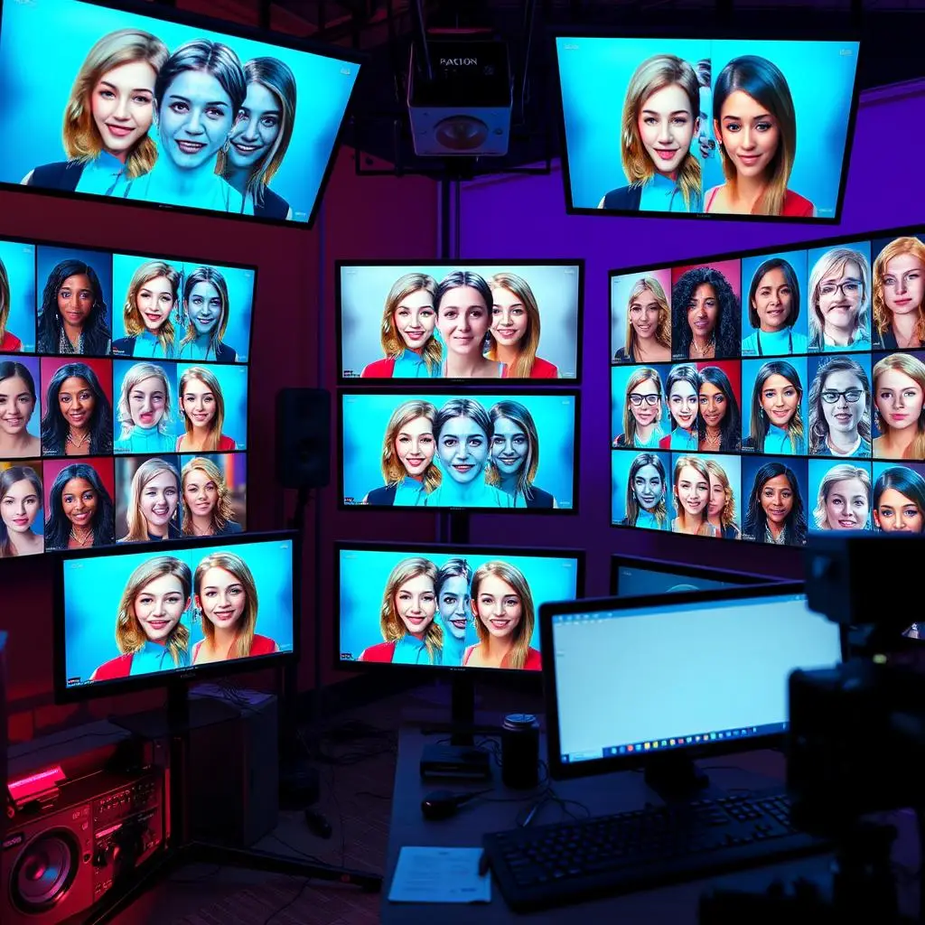 Multiple video screens showing group face-swapping with rich colors to demonstrate the accuracy of Multiply NSFW Video Face Swap.