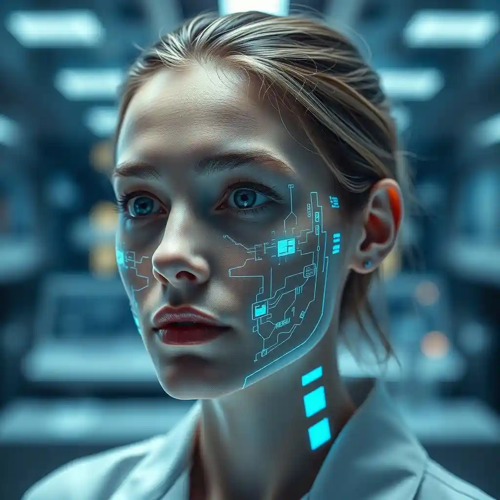 A blue digital interface maps the woman's face. It reflects a face swap using high-resolution technology.