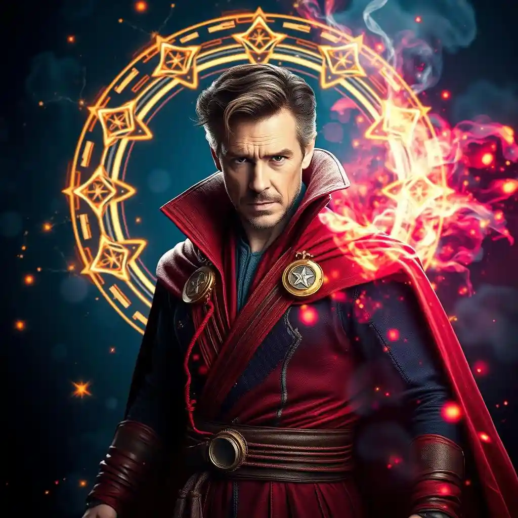 A man, face swap with Dr. Strange's, stood in a powerful pose. He was surrounded by glowing magical symbols and swirling energy portals.