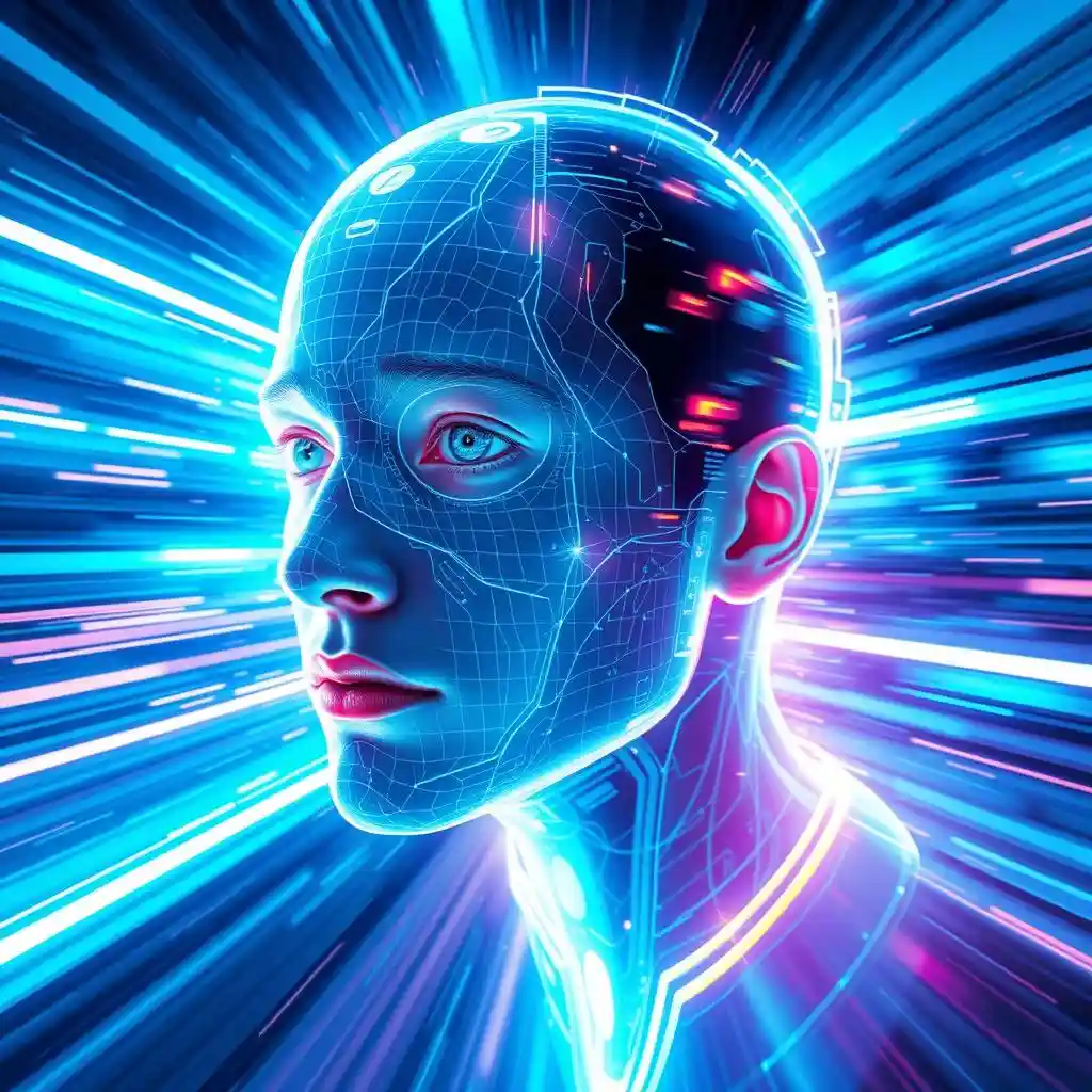 A glowing digital face changes into another,surrounding amid morphing particles and light streaks. This symbolizes the speed of the face changes.