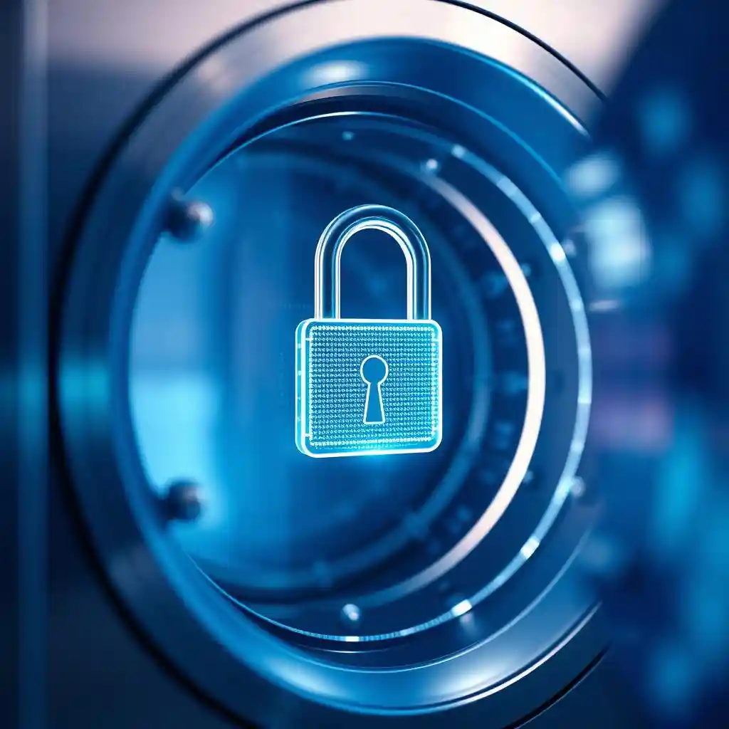 A glowing digital lock floats in a secure vault, embodying the safety of the user's data is safely secured.