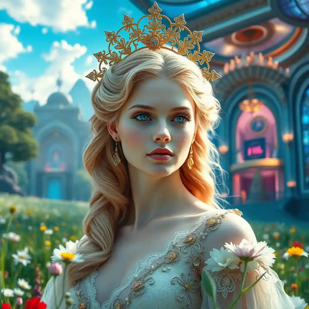 The goddess stands in front of the fantasy castle, wearing a crown on her head and a flowing white gown.