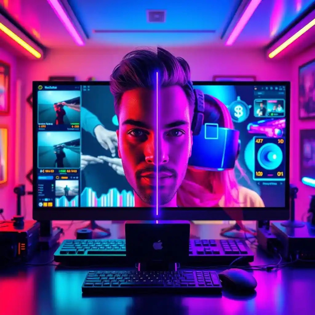 A vibrant workspace, with a man's face glowing purple, shows that NSFW Face Swapper supports creative freedom.