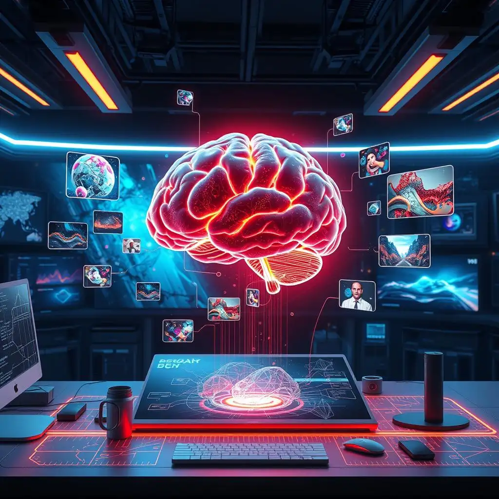 The abstract glowing brain above the digital canvas and the vivid holograms floating in the air,indicating that NSFW AI Generator can turn ideas into reality.