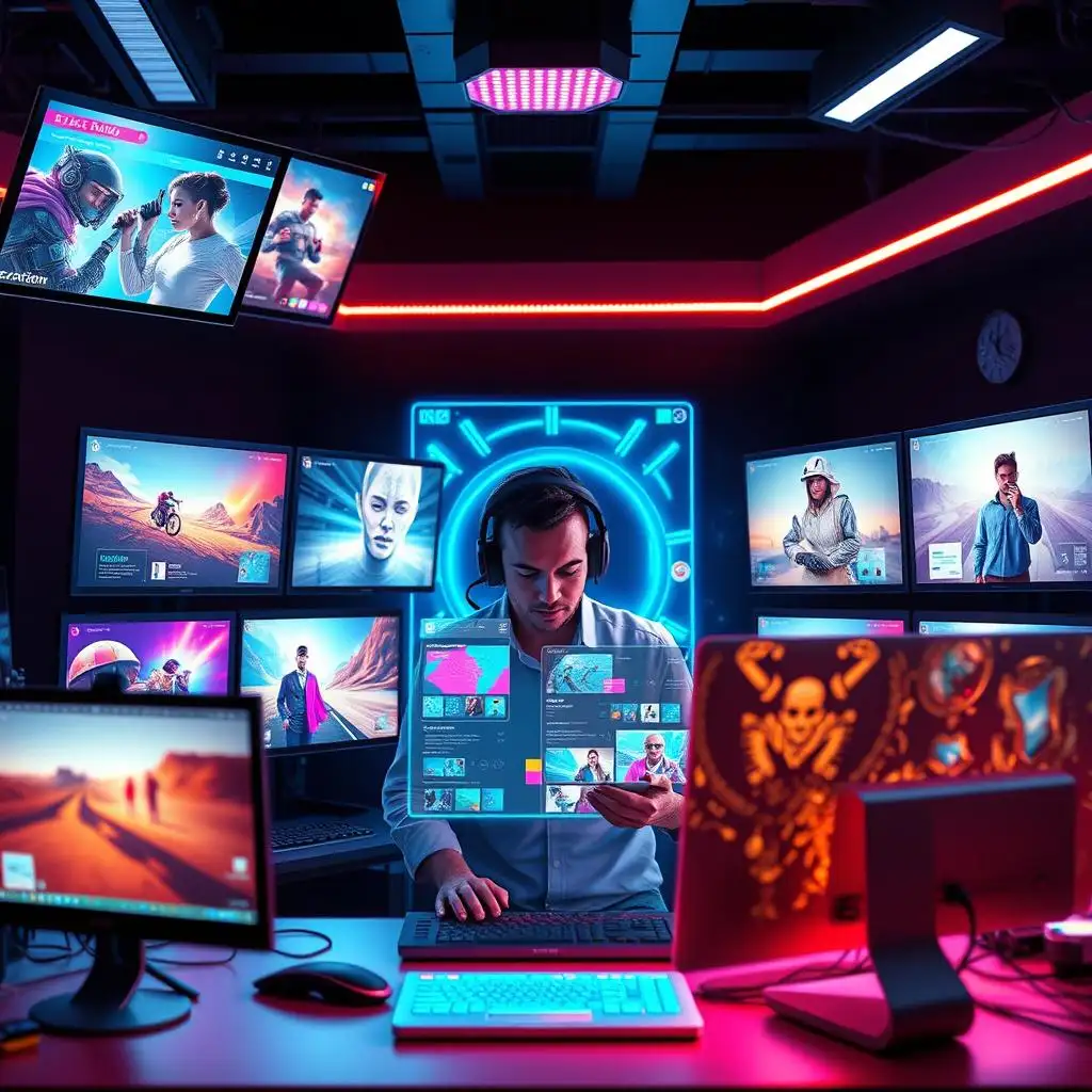 The creator in digital space is surrounded by illuminated digital screens displaying images in a variety of styles, and the Online NSFW AI Generator interface is running.