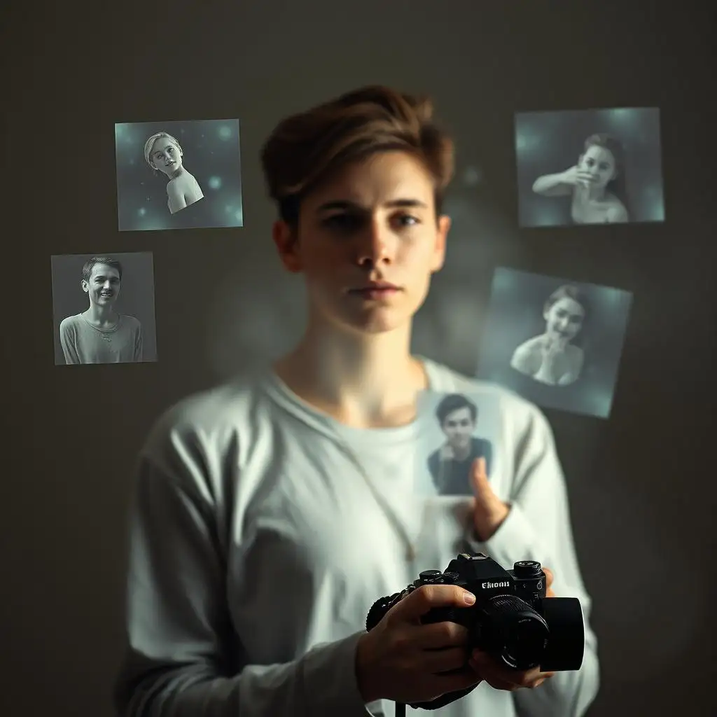 Photographer holding a camera next to a hologram floating in mid-air, indicating that Free NSFW AI Generator can be an inspiration for photography.