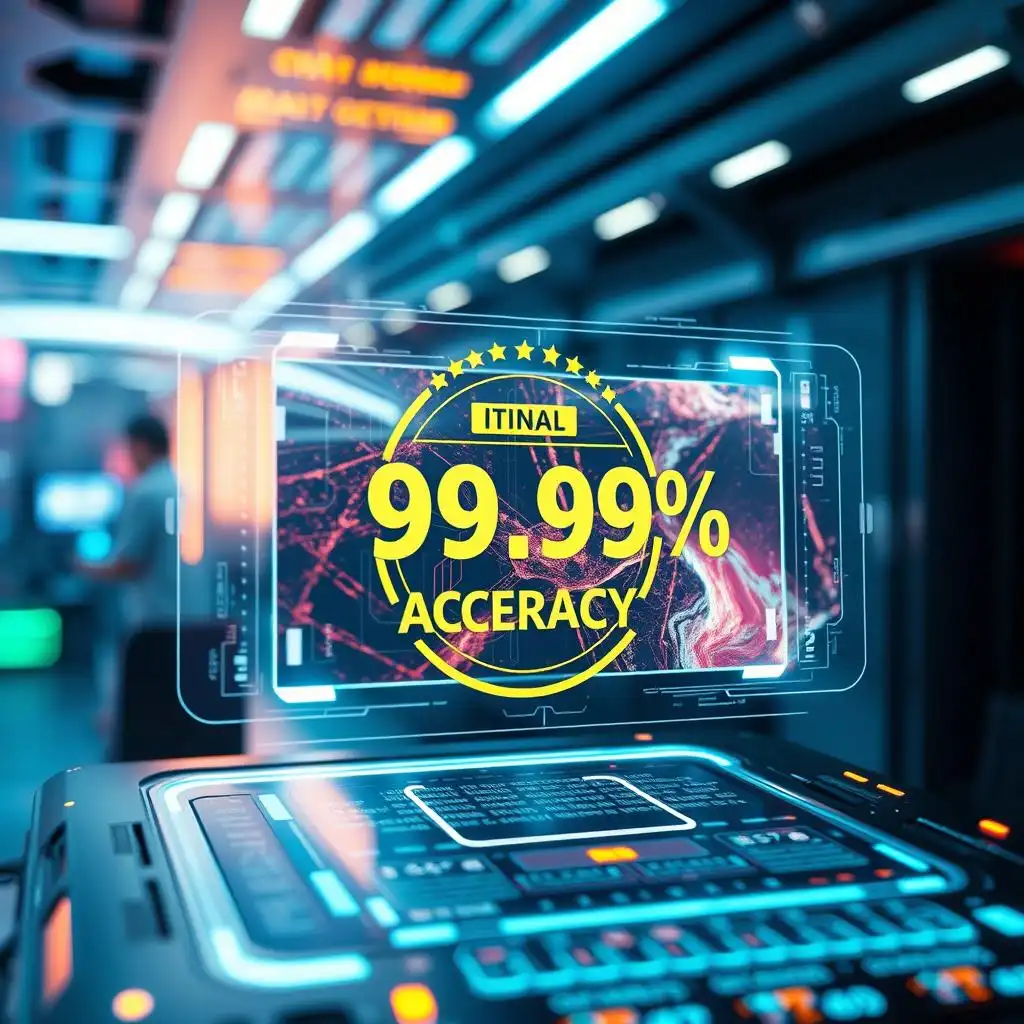 99.99% accuracy badge, surrounded by a high-tech digital environment and data flow.