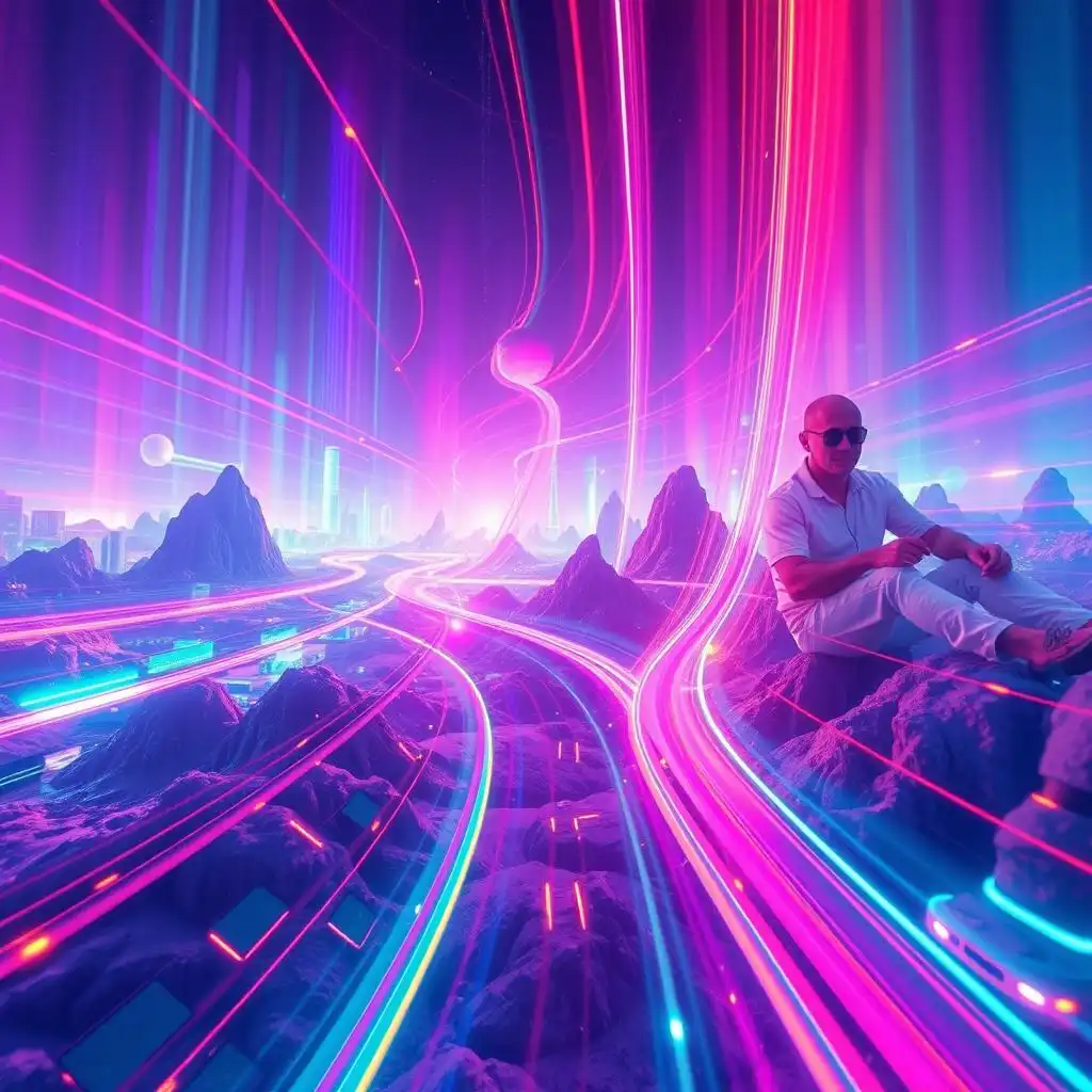 The man is sitting on a colorful light trail, and the image is vibrant and dynamic!