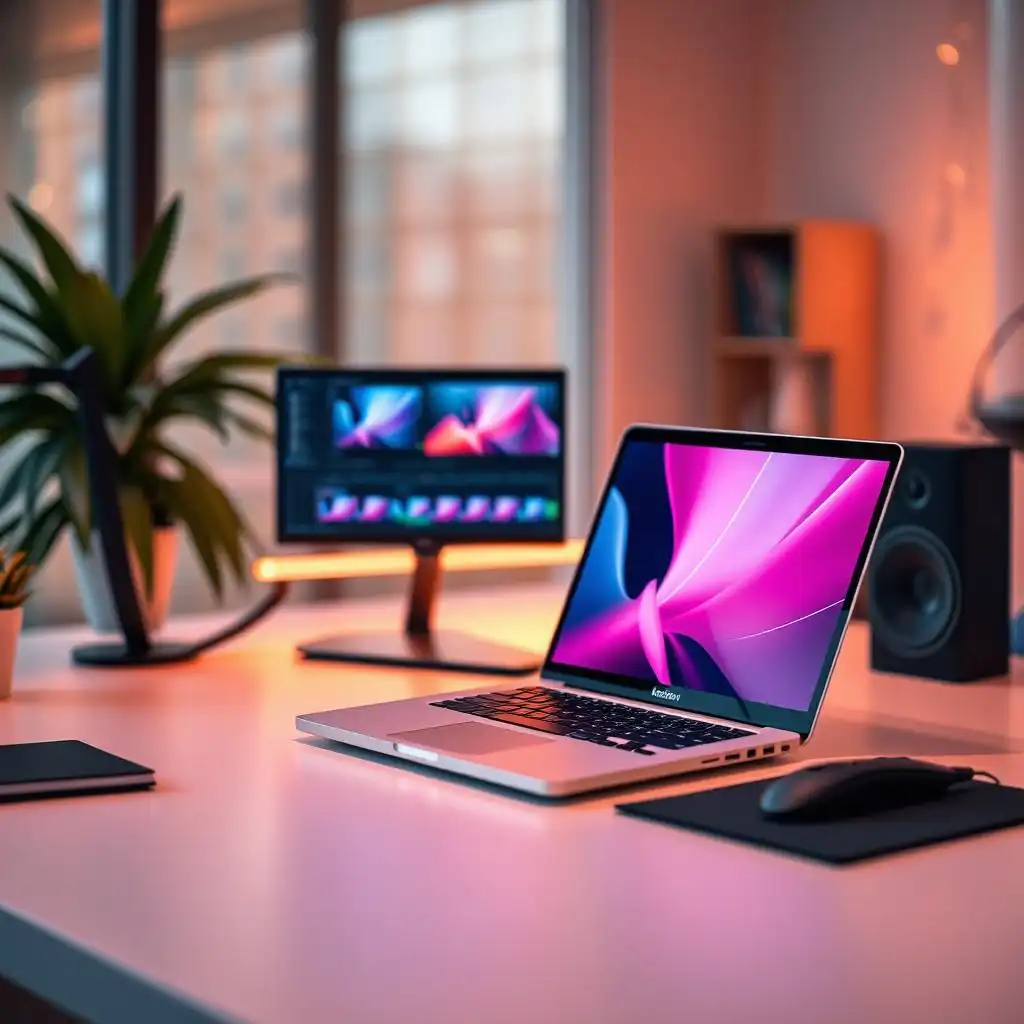 A laptop sits on the desk, its screen displaying beautiful images in shades of pink.