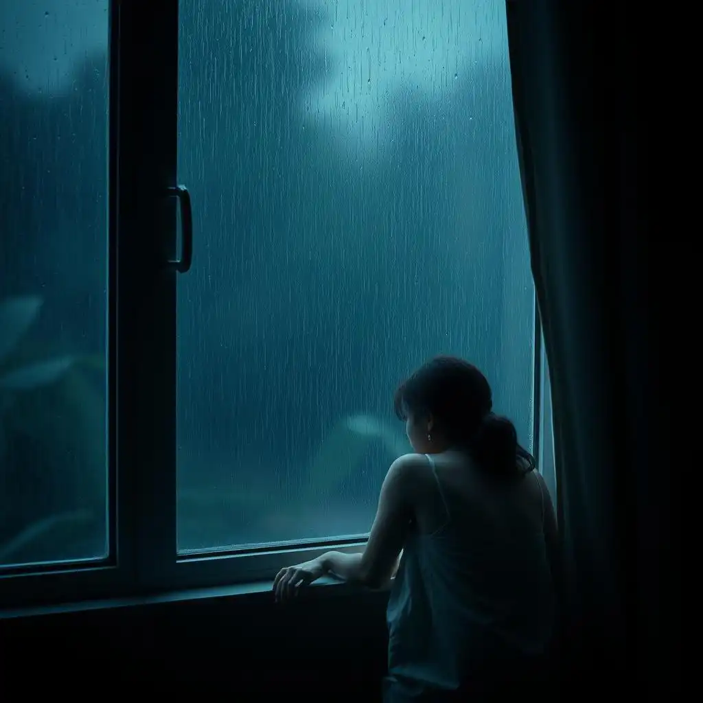 It was pouring rain outside the window, the interior was melancholy, and the girl was lonely looking out of the window.