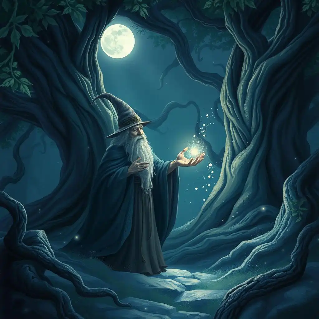 Wizards cast spells in the moonlight, surrounded by ancient trees.