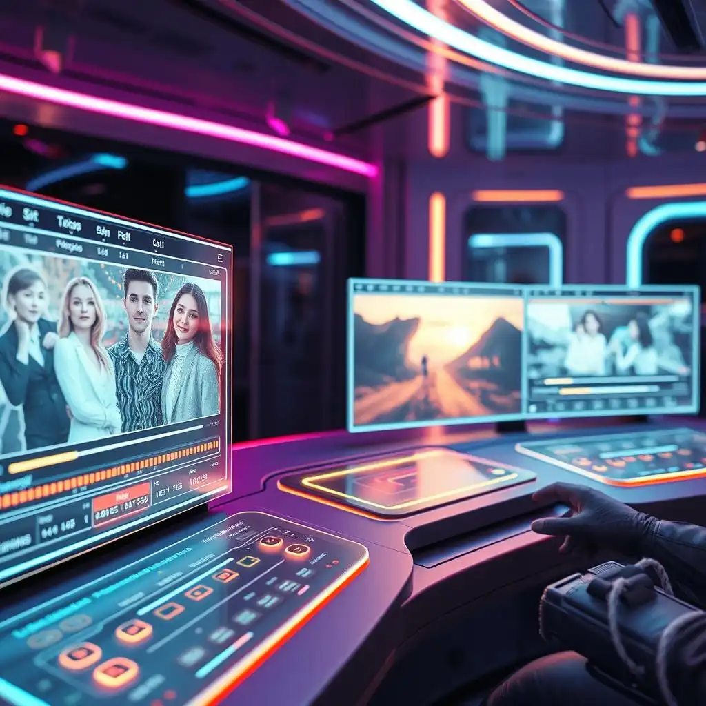 AI-driven video customization interface, illuminated control panel with sliders and options.