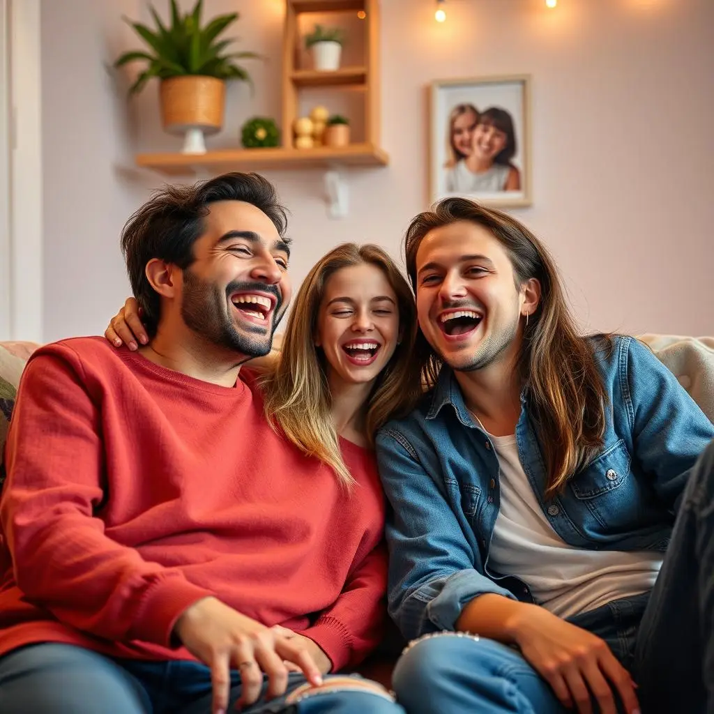 Friends are joyful and laugh together while watching a funny face swap video.