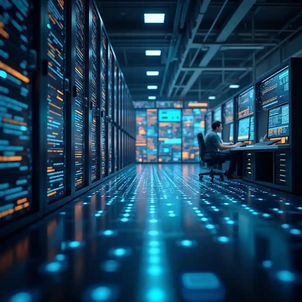 A high-tech artificial intelligence lab filled with servers and computers that process large amounts of data.